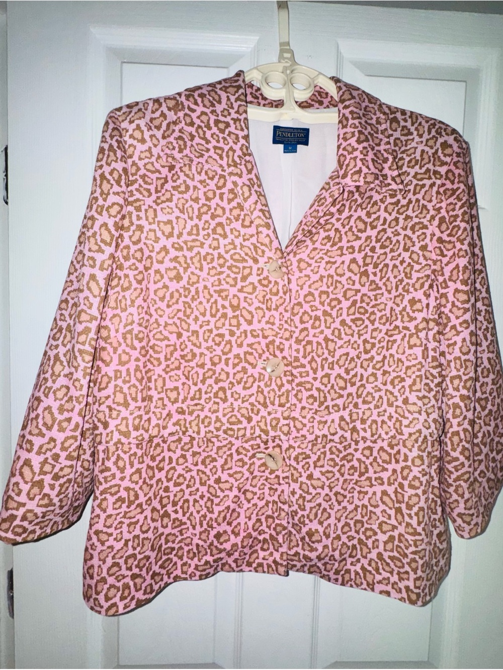 Pendleton Linen Blend Pink Brown Leopard Print 3/4 Sleeve Blazer Jacket Size M